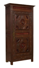 French Brittany Style Carved Oak Bonnetiere, late 19th c., H.- 72 1/2 in., W.- 32 1/2 in., D.- 15