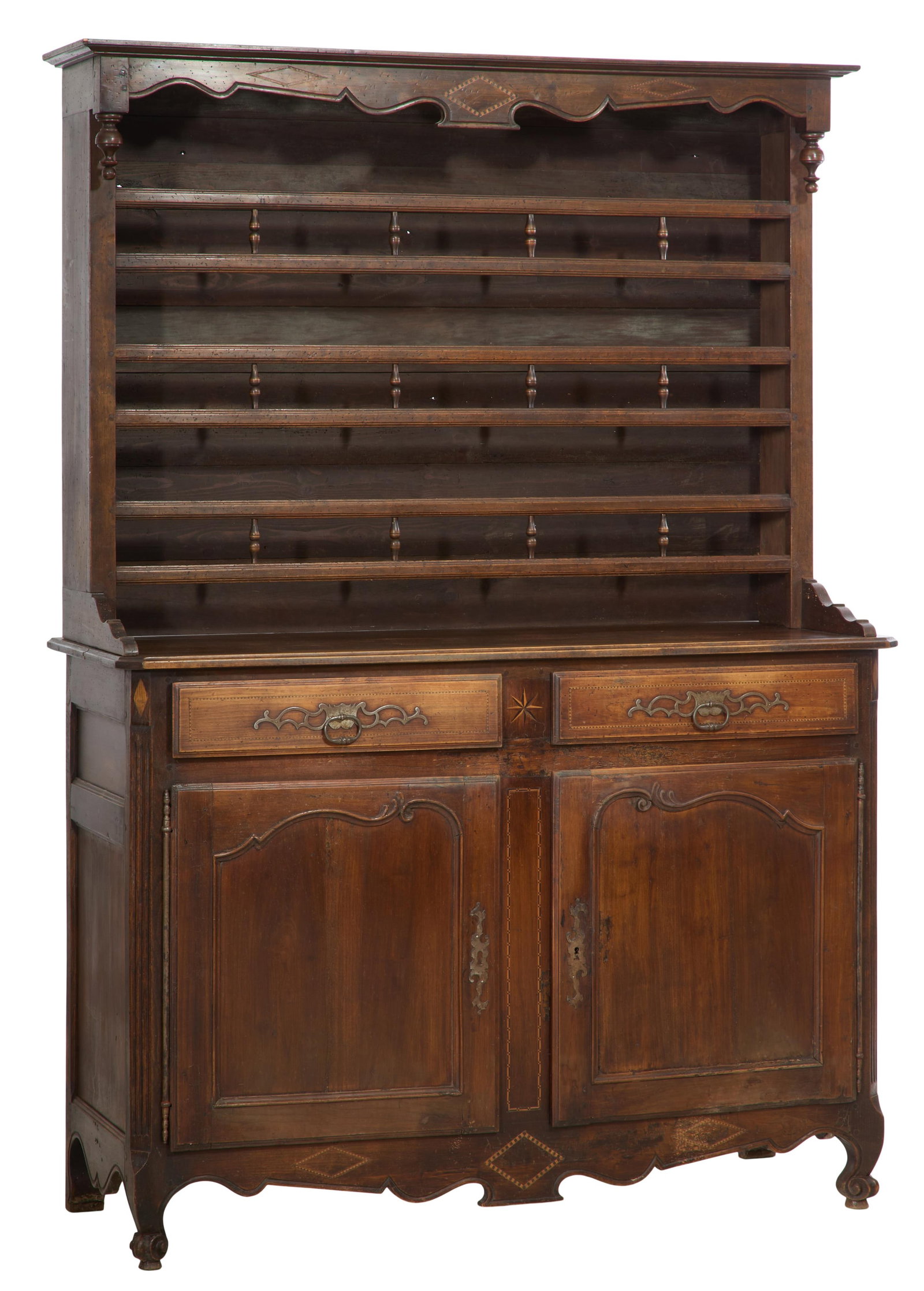 French Louis XV Style Inlaid Beech Vaisselier, 19th c., H.- 88 in., W.- 60 1/2 in., D.- 22 in.: French Louis XV Style Inlaid Beech Vaisselier, 19th c., the superstructure with flared flat cornice with pendant ends, inlaid frieze, three open dish racks with spindled raise, the base with a shaped 