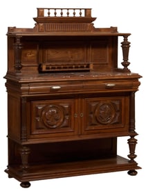 French Henri II Style Marble Top Carved Walnut Desserte, late 19th c., H.- 65 in., W.- 50 1/2 in.,