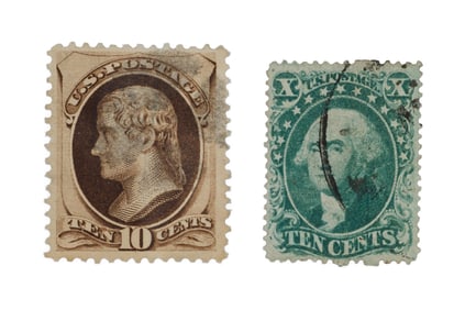 Two U.S. 10¢ Stamps, 1857-61 George Washington Stamp and 1879 Thomas Jefferson Stamp, (2 Pcs.)
