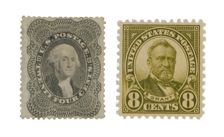 Two U.S. Stamps, 1860 24¢ George Washington and 1923 8¢ Ulysses S. Grant, (2 Pcs.)