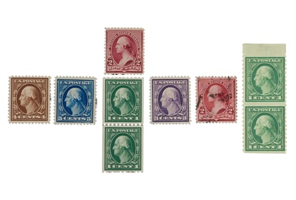 Group of Nine U.S. George Washington Stamps, early 20th c., (9 Pcs.)