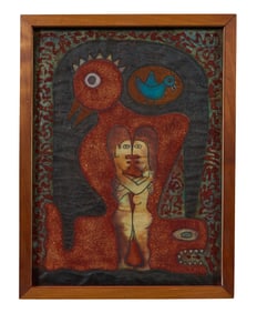 Edwin Scheier (American/Mexico, 1910-2008), "Surrealist Adam and Eve with a Towering Chicken, Snake