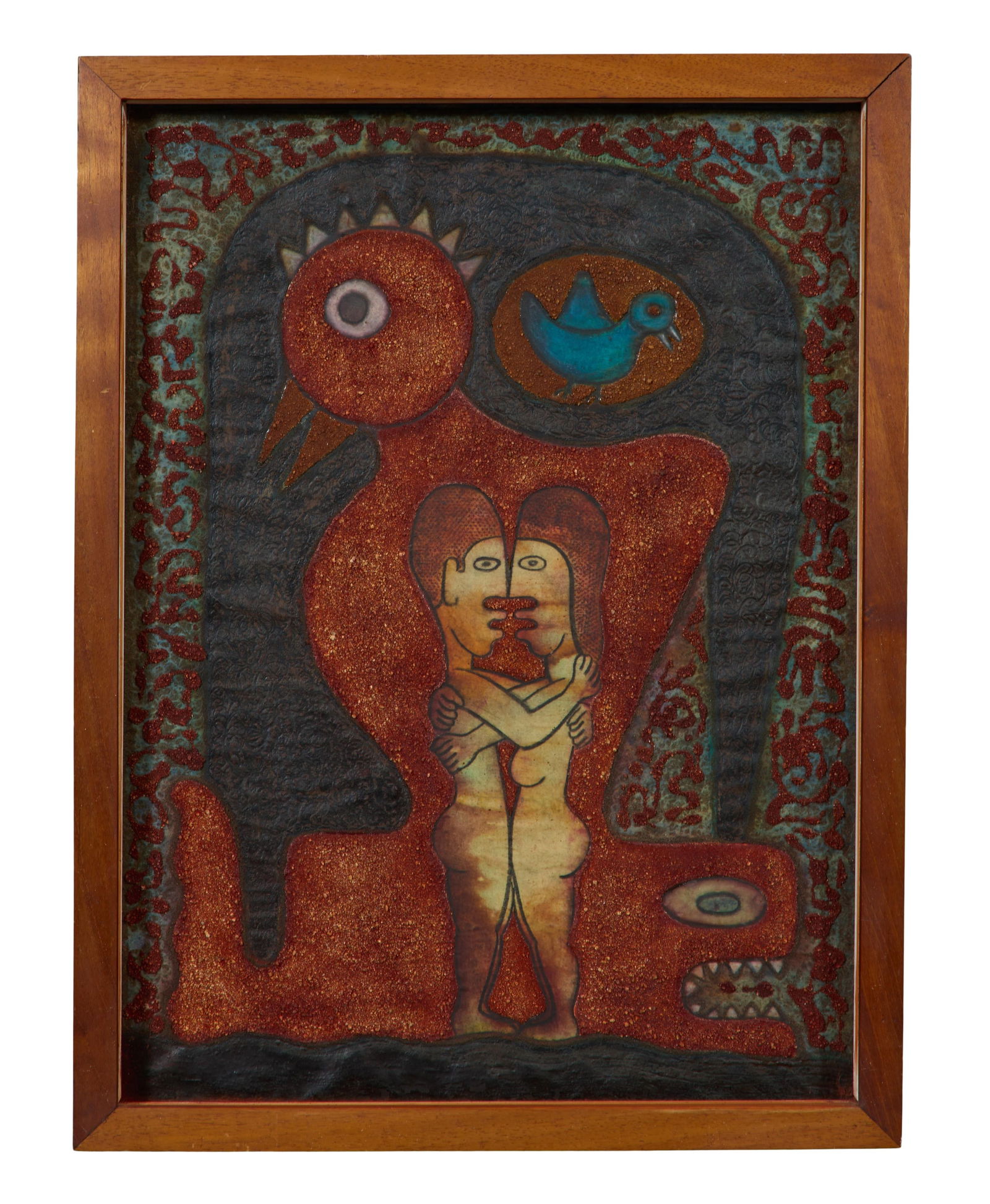 Edwin Scheier (American/Mexico, 1910-2008), "Surrealist Adam and Eve with a Towering Chicken, Snake (1 of 4)