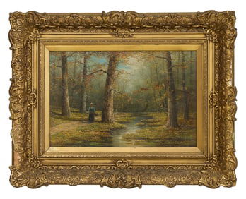 British/American School (19th Century), "Sheaf Gatherer in the Woods," H.- 12 in., W.- 18 in.,