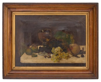 Mary B. Johnson (American, 19th Century), "Still Life with Fruit and Wine," 1899, H.- 12 in., W.- 16