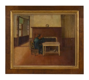 American School (20th Century), "Man Seated by Fireplace," H.- 16 in., W.- 20 in., Framed- H.- 26