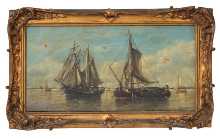 Charles Gosselin (French, 1832-1894), "Ships Anchored near Harbor," 1874, H.- 7 1/2 in., W.- 14 1/4
