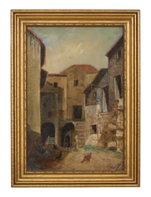 Continental/French School (19th Century), "Buildings with Chickens in the Courtyard," H.- 14 in.,