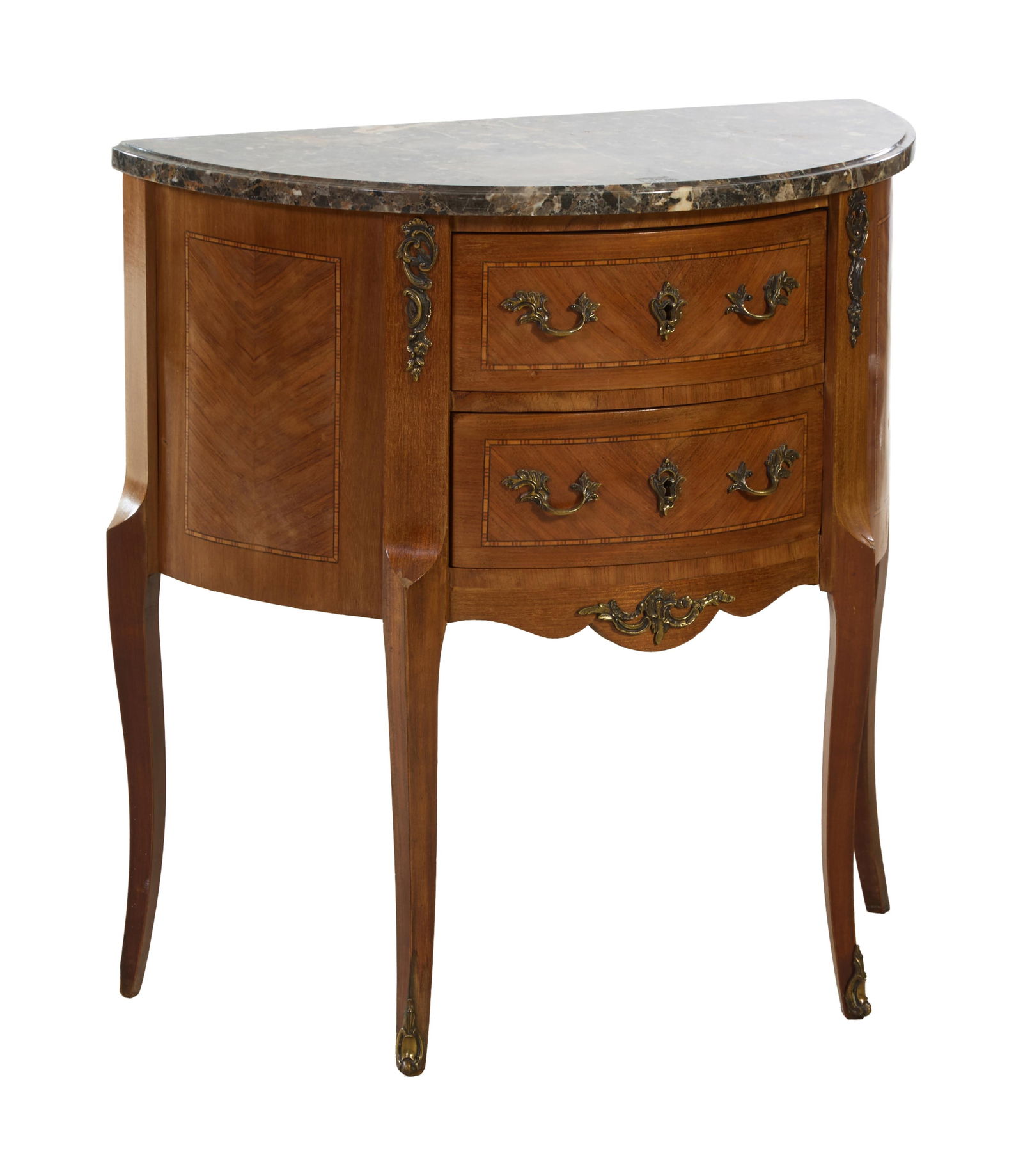 French Louis XV-XVI Transitional Style Marble Top Demilune Parquetry Commode, 20th c., H.- 27 in., (1 of 2)