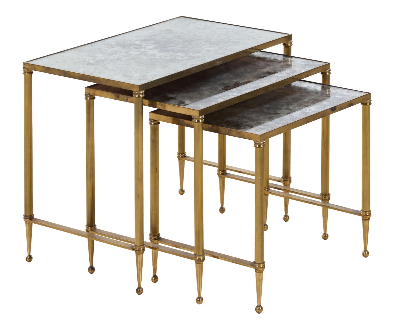 Three French Maison Jansen Style Brass Nesting Table, 20th c., Larger- H.- 18 in., W.- 24 in., D.- (1 of 3)