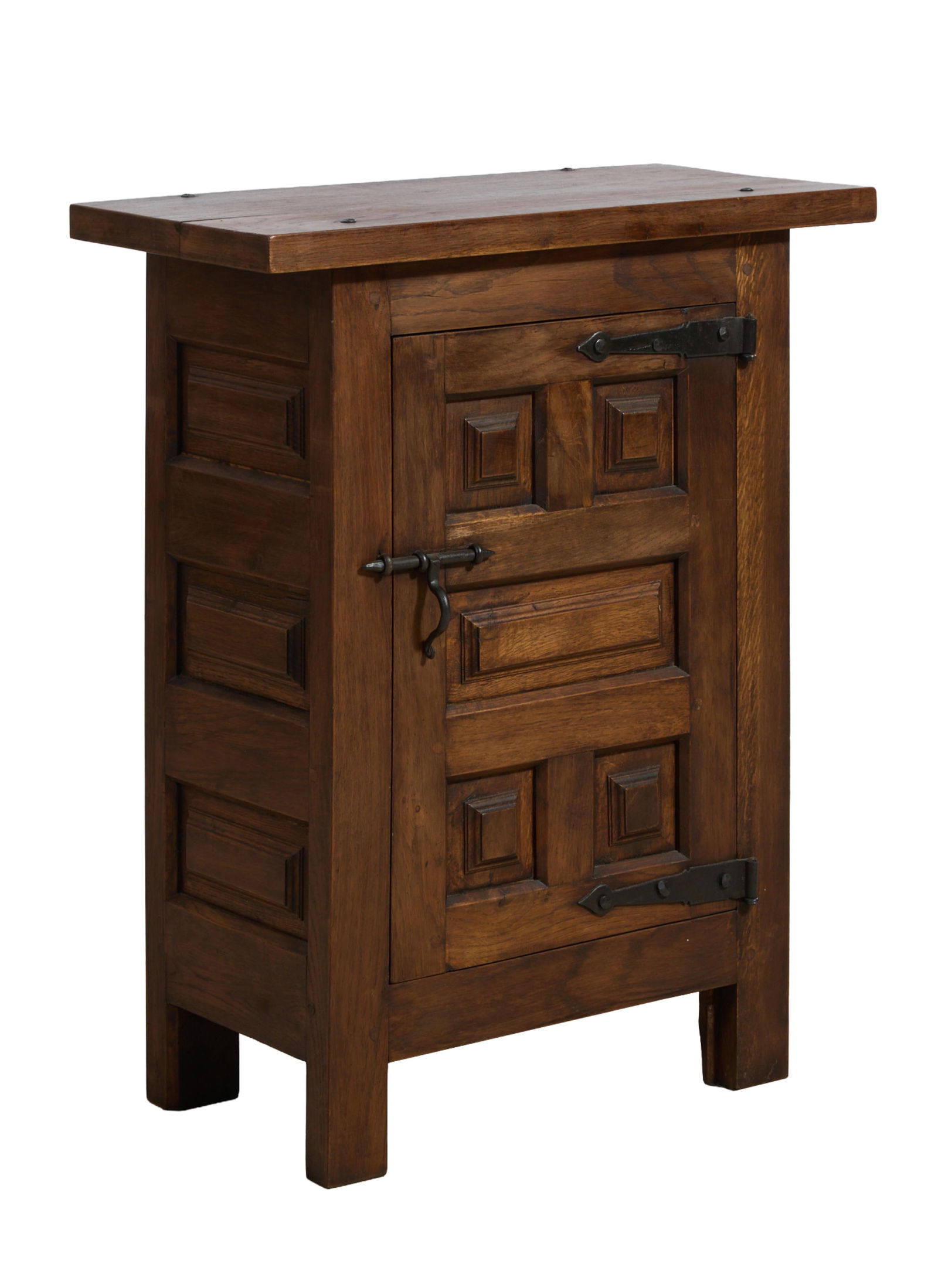 French Provincial Louis XIII Style Walnut Confiturier, 20th c., H.- 29 in., W.- 24 in., D.- 11 1/4: French Provincial Louis XIII Style Walnut Confiturier, 20th c., plank top over paneled doors with strap hinges, straight legs, H.- 29 in., W.- 24 in., D.- 11 1/4 in.