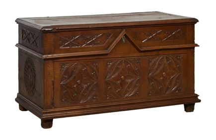 French Renaissance Gothic Style Carved Walnut Coffer, 19th c., H.- 27 1/2 in., W.- 48 1/2 in., D.-