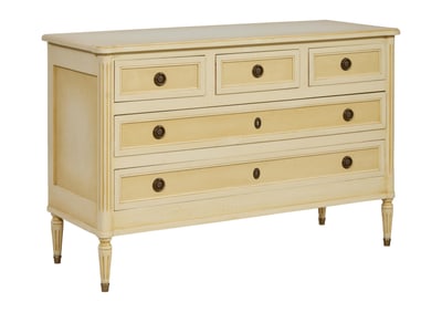 French Louis XVI Inspired Creme Peinte Commode, 20th c., H.- 31 1/2 in., W.- 49 in., D.- 18 3/4 in.