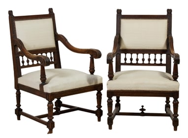 Pair of French Henri II Style Fauteuils, 19th c., Each- H.- 39 in., W.- 25 in., D.- 24 in. (2 Pcs.)