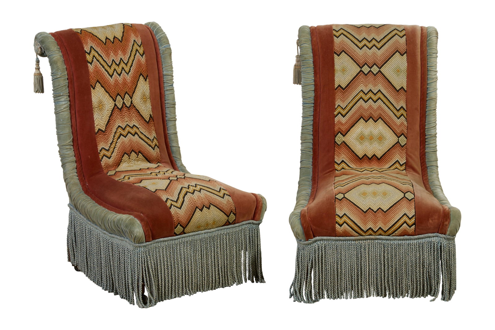 Pair of French Napoleon III Passementerie Slipper Chairs, late 19th c., Each- H.- 33 in., W.- 22 1/2 (1 of 19)
