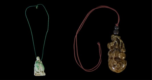 Two Chinese Carved Jade Pendants, 20th c., Larger- H.- 3 1/2 in., W.- 1 3/4 in., D.- 1 1/4 in. (2