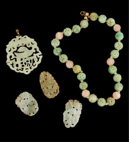 Five Pieces of Jade Jewelry, App. Wt.- 141.8 grams; Necklace- L.- 16 in.; Pendant- H.- 2 7/8 in.;