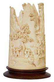 Intricate Relief Carved Bone Vase 20th c., H. with base- 8 1/2 in., W.- 6 5/8 in., D.- 3 in.