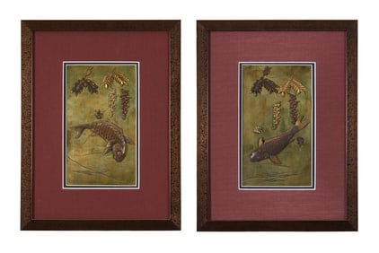 Pair of Japanese Mixed Media Metal Koi Plaques, 19th c., Each- Plaque- H.- 7 5/8 in., W.- 4 3/8 in.,
