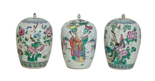 Three Chinese Lidded Ginger Jars, 20th c., H.- 12 1/2 in., Dia.- 8 1/2 in. (3 Pcs.)