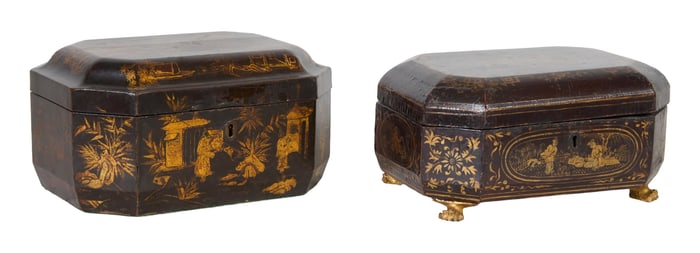 Two Chinese Lacquered Papier Mache Writing Boxes, 19th c., Paw Feet- H.- 5 1/2 in., W.- 10 1/4 in.,