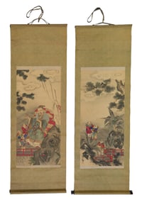 Two Chinese Figural and Landscape Scrolls, 19th c., Immortal- H.- 73 in., W. 23 3/4 in.; Three