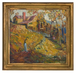 Continental School (Early 20th Century), "Raking the Leaves," H.- 17 in., W.- 18 in., Framed- H.- 21