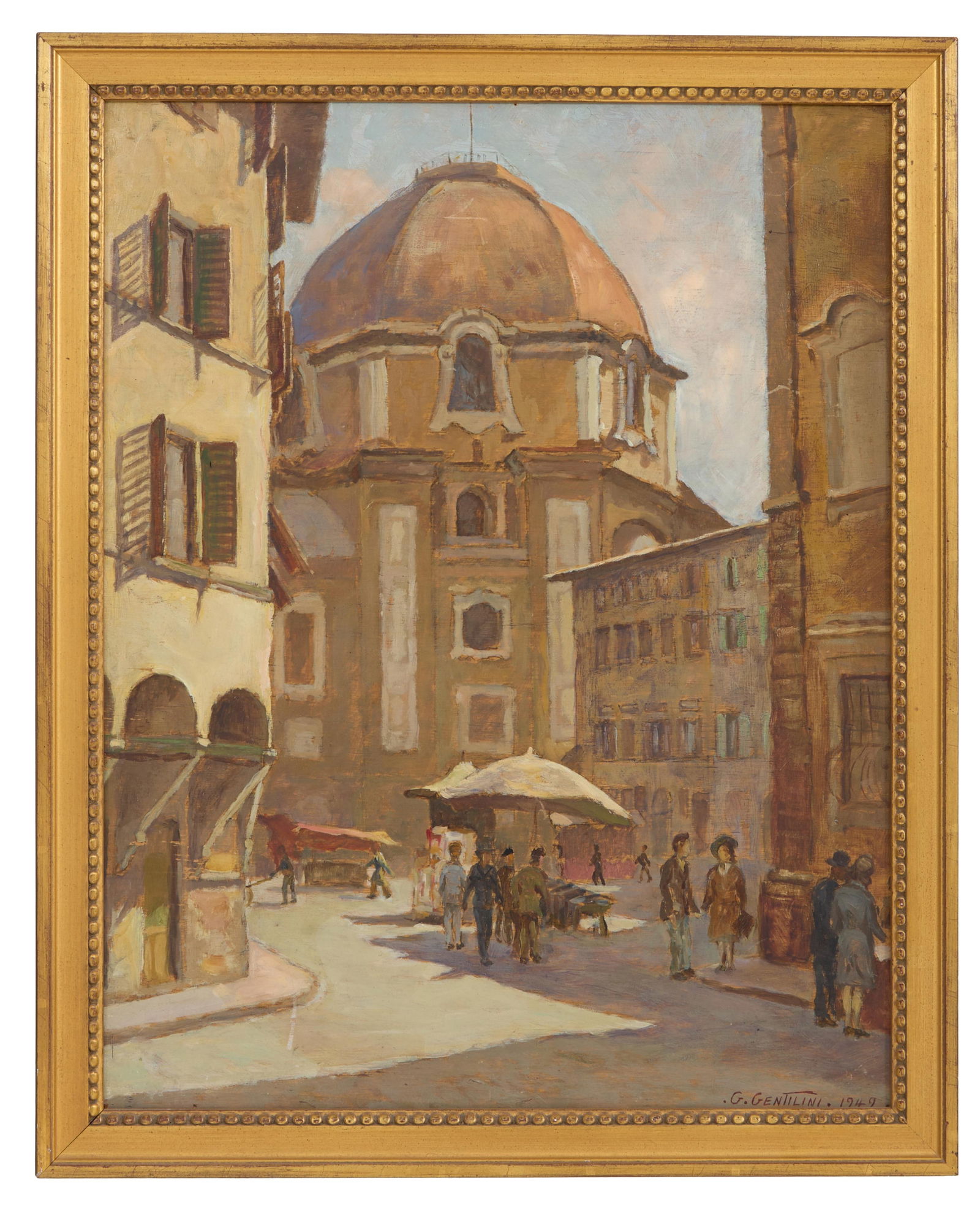 Giorgio Gentilini (Italian, 1920- 1975), "View of the Medici Chapel from the Plaza Madonna,: Giorgio Gentilini (Italian, 1920- 1975), "View of the Medici Chapel from the Plaza Madonna, Florence, Italy," 1949, oil on board, signed and dated lower right, presented in a giltwood frame, Sight- H.