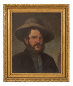 American School (Late 19th Century), "Portrait of a Man in a Broad Brimmed Hat," H.- 22 1/4 in., W.-