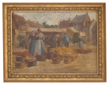Continental School (19th Century), "Market Scene," H.- 12 in., W.- 15 in., Framed- H.- 13 1/2 in.,