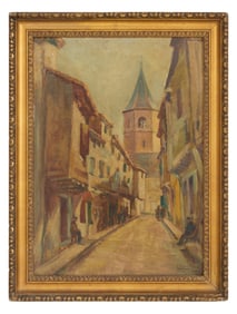 A. Auguste (French, 19th/20th Century), "Soreze Street Scene with View of the Abbey Tower," H.- 1