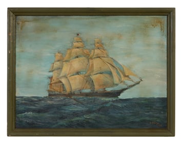 J. Platzer (American, 20th Century), "Clipper Ship at Sea," 1934, H.- 24 in., W.- 32 in., Framed-