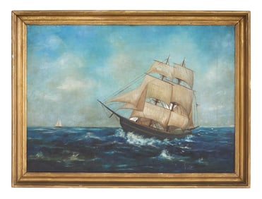 American School (Early 20th Century), "Ships at Sea," H.- 17 in., W.- 24 in., Framed- H.- 19 1/2