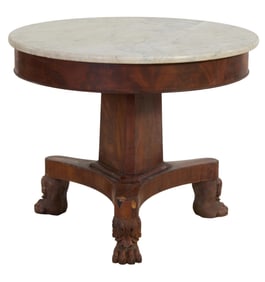 American Classical Marble Top Mahogany Center Table, New York, early 19th c., H.- 29 1/2 in., Dia.-