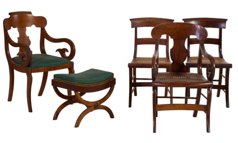 Four American Classical Maple Chairs and Curule Ottoman, early 19th c., Armchair- H.- 35 in., W.- 21