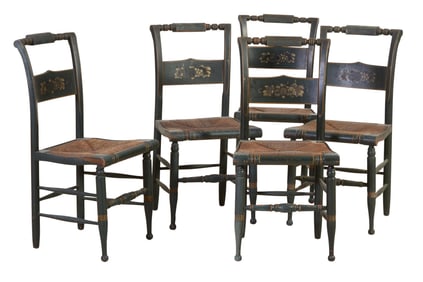 Five American Stenciled Polychromed Hitchcock Chairs, early 19th c., Each- H.- 36 in., W.- 17 1/2