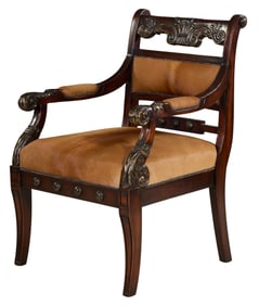 English Regency Inspired Giltwood Carved Cow Hide Arm Chair, 20th c., H.- 42 in., W.- 29 in., D.- 28