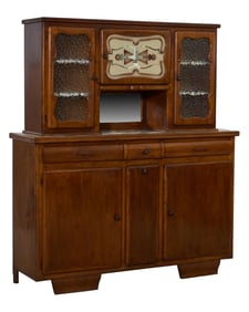 French Arts and Crafts Oak Buffet a Deux Corps, early to mid 20th c., H.- 69 in., W.- 60 1/2 in.,