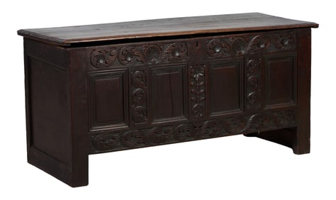 French Renaissance Style Carved Oak Coffer, mid 19th c, H.- 26 in., W.- 54 in., D.- 22 in.