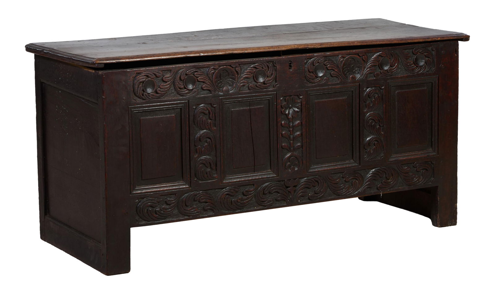 French Renaissance Style Carved Oak Coffer, mid 19th c, H.- 26 in., W.- 54 in., D.- 22 in. (1 of 2)