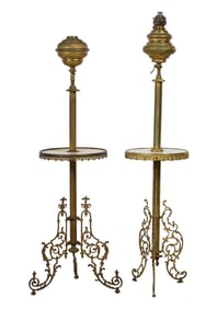Two Napoleon III Onyx and Brass Kerosene Lamp Stands, late 19th c., Taller- H.- 58 in., Dia.- 13 1/2