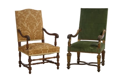 Lot of Two French Henri II Style Fauteuils, late 19th c., Taller- H.- 44 1/2 in., W.- 24 1/2 in.,