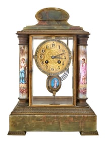 Enamel Onyx and Bronze Mantel Clock, by Le Roy, Paris, 19th c., H.- 15 in., W.- 10 1/4 in., D.- 5