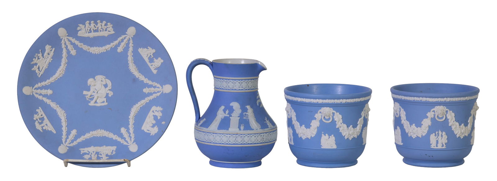 Four Pieces of Blue and White Wedgwood Jasperware, 20th c., Largest Pitcher- H.- 6 1/8 in., W.- 5 (1 of 8)