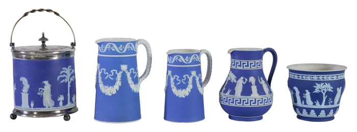 Five Pieces of Dark Blue and White Wedgwood Jasperware, 20th c., Biscuit Barrel- H.- 7 1/2 in.,