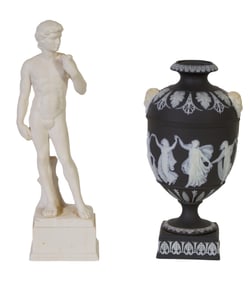 Two Pieces of Wedgwood Jasperware, 20th c., David- H.- 9 1/8 in., W.- 2 5/8 in., D.- 2 5/8 in.; Urn-