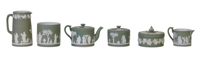 Six Pieces of Green and White Wedgwood Jasperware, 20th c., Tallest Pitcher- H.- 6 3/8 in., W.- 5