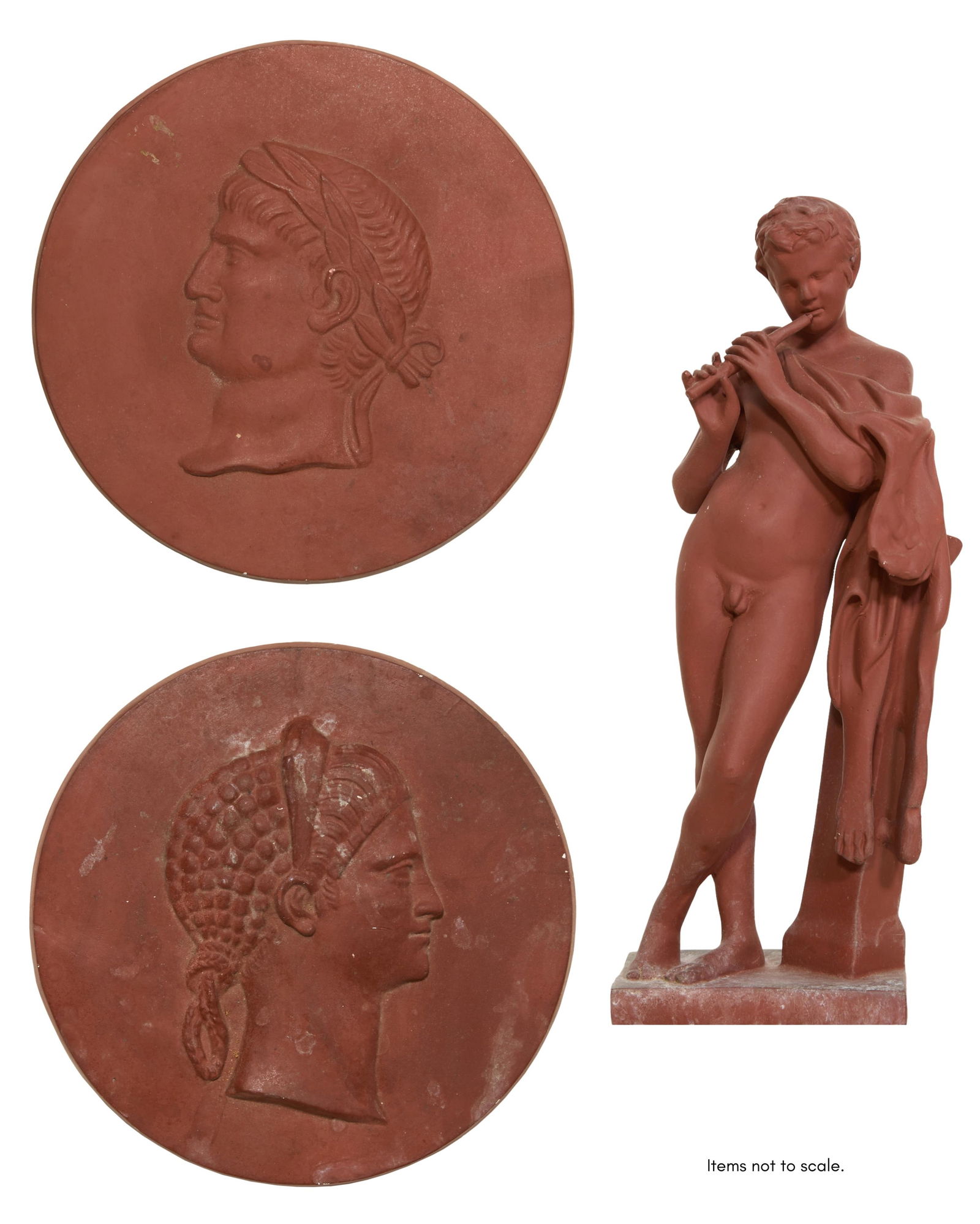 Three Pieces of Terracotta, 19th/20th c., Figure- H.- 21 1/4 in., W.- 8 in., D.- 5 in.; Plaques- H.- (1 of 7)
