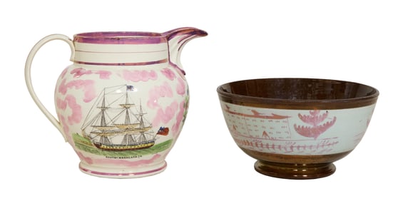 Antique Creamware Pitcher and Lusterware Bowl, early to mid 19th c., Pitcher- H.- 8 1/4 in., W.- 11